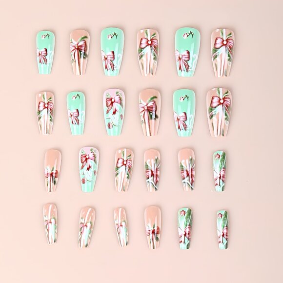 Press-On Nails Set, Christmas Gift Box Bow Design, Green & Mixed Color, Oval - Picture 3 of 5